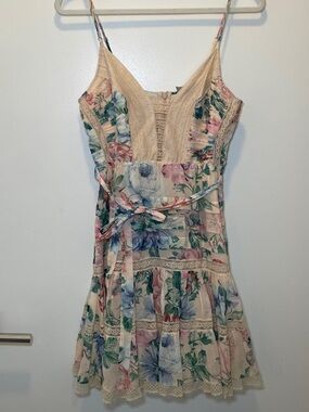 Zimmerman Floral Lace Trim Spaghetti Strap Mini Dress - Cream & Pastel Floral